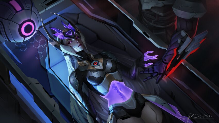 1boy 1girl absurdres armor artificial_eye artist_name breasts character_request column cyborg forehead_protector glowing glowing_eyes helmet highres league_of_legends long_hair pauldrons pillar piscina project:_zed purple_eyes shoulder_armor syndra white_hair zed_(league_of_legends)