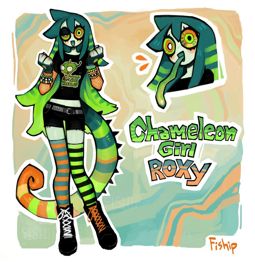 1girl :d absurdres asymmetrical_legwear black_shorts blue_tongue chameleon_girl colored_skin colored_tongue gir_(dog_costume)_(invader_zim) gir_(invader_zim) gradient_hair green_hair green_skin hands_up heterochromia highres long_hair long_tongue looking_at_viewer matilda_fiship merchandise midriff_peek mismatched_legwear monster_girl multicolored_hair multiple_views open_mouth original shirt short_shorts shorts signature smile striped_clothes striped_thighhighs tail thigh_gap thighhighs tongue very_long_hair very_long_tongue