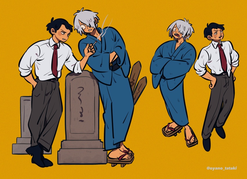 2boys against_object bad_id bad_twitter_id black_eyes black_footwear black_hair black_pants blood blue_kimono cigarette collared_shirt constricted_pupils dress_pants dress_shirt frown gegege_no_kitarou geta glaring grey_hair grin hair_over_one_eye hand_in_pocket hands_in_opposite_sleeves hands_on_own_hips highres holding holding_cigarette inactive_account japanese_clothes kimono kitarou_tanjou:_gegege_no_nazo leaning_to_the_side long_bangs looking_at_another male_focus medama_oyaji_(human) mizuki_(gegege_no_kitarou) mogero_(gerogero_ieki) multiple_boys multiple_views necktie no_socks nosebleed one_eye_covered open_mouth pants red_necktie shirt shirt_partially_tucked_in shoes short_hair simple_background sleeves_rolled_up smile smoking tombstone v-shaped_eyebrows yukata