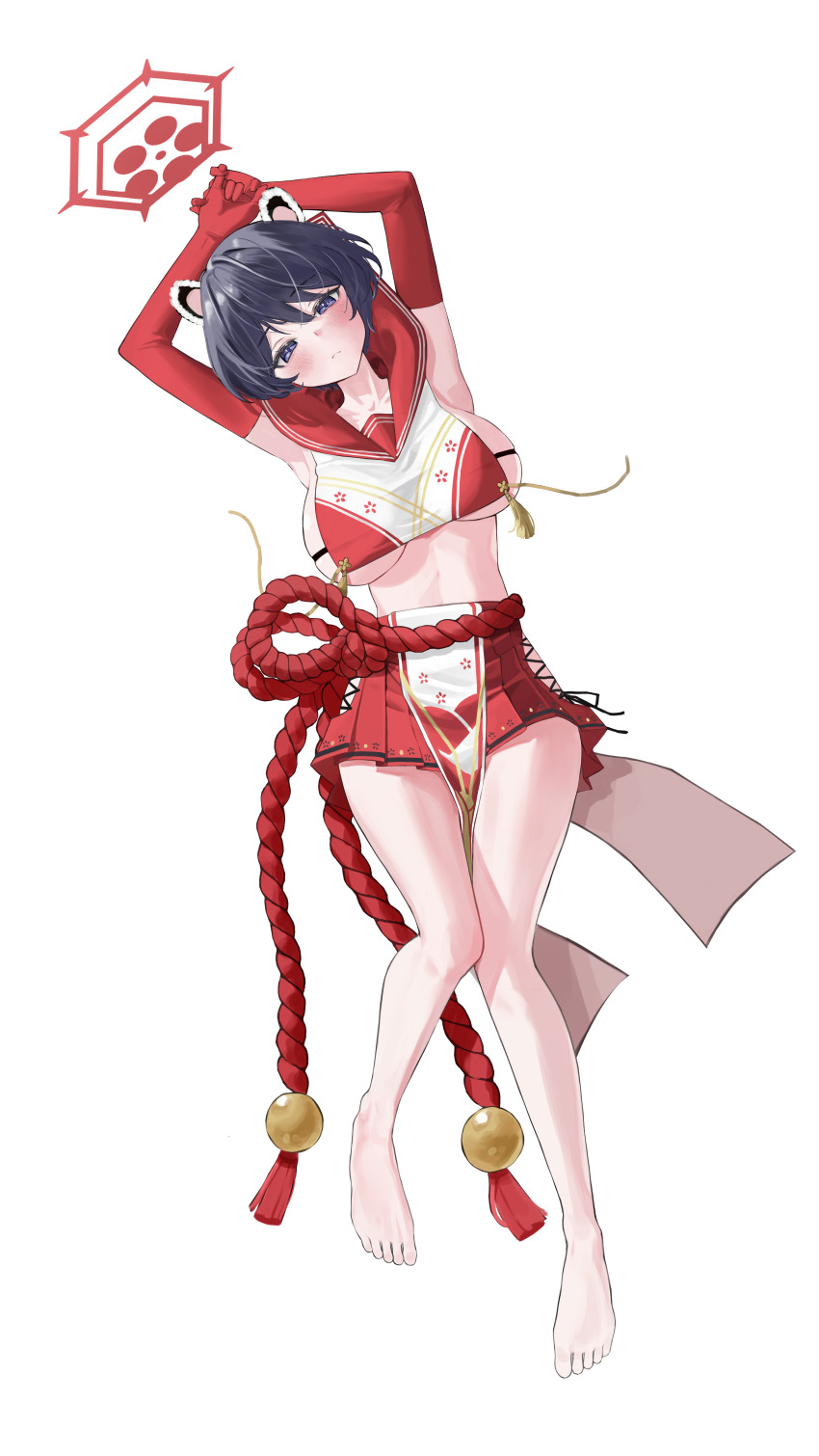 1girl absurdres animal_ears armpits arms_up barefoot black_hair blue_archive blue_eyes breasts cbwook crop_top elbow_gloves gloves halo high-waist_skirt highres large_breasts looking_at_viewer lying midriff on_back red_gloves red_sailor_collar red_skirt revealing_clothes rope sailor_collar shimenawa shirt short_hair sideboob simple_background skirt sleeveless sleeveless_shirt solo thighs tsubaki_(blue_archive) white_background