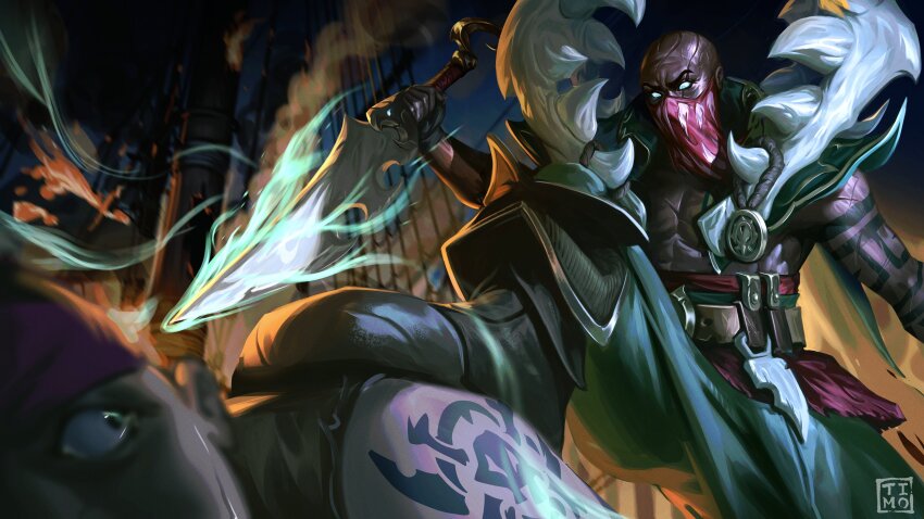 2boys absurdres arm_tattoo artist_name bald commentary dark-skinned_male dark_skin english_commentary glowing glowing_eyes gold_belt highres holding holding_weapon league_of_legends male_focus mask mouth_mask multiple_boys outdoors pants pirate pyke_(league_of_legends) scar shiny_skin ship tattoo timo_(timotimo628) watercraft weapon white_eyes