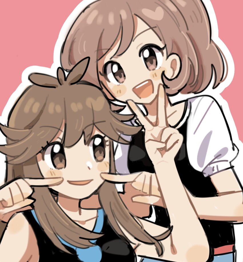 2girls :d black_shirt brown_eyes brown_hair creatures_(company) elaine_(pokemon) eyelashes fingers_to_cheeks game_freak green_(pokemon) han0579 highres long_hair looking_at_viewer multiple_girls nintendo open_mouth pokemon pokemon_lgpe shirt short_sleeves sleeveless sleeveless_shirt smile teeth upper_body upper_teeth_only v v_over_mouth