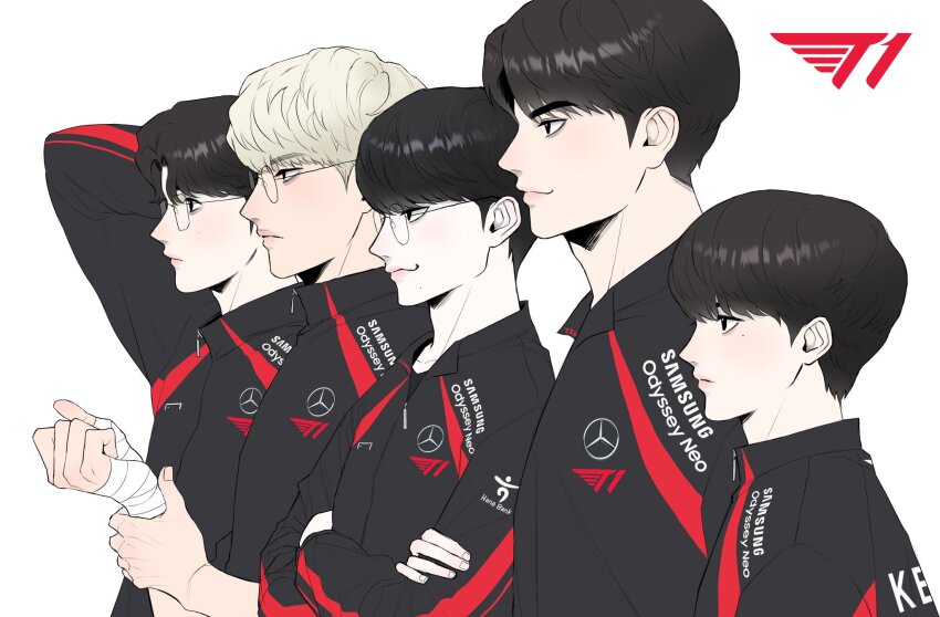 5boys :3 arm_behind_head arm_up asian bandaged_hand bandages black_eyes black_hair black_jacket blonde_hair brown_hair clenched_hand closed_mouth crossed_arms dimples_of_venus esports esports_apparel faker_(gamer) from_side frown glasses gumayusi_(gamer) hashtag-only_commentary height_difference hide_on_moja high_collar highres holding_own_wrist jacket keria_(gamer) logo looking_at_viewer male_focus mole mole_under_eye multicolored_jacket multiple_boys oner_(gamer) pale_skin parted_hair pink_lips real_life rectangular_eyewear red_jacket round_eyewear short_hair simple_background smile swept_bangs t1_(esports) two-tone_jacket upper_body white_background zeus_(gamer) zipper