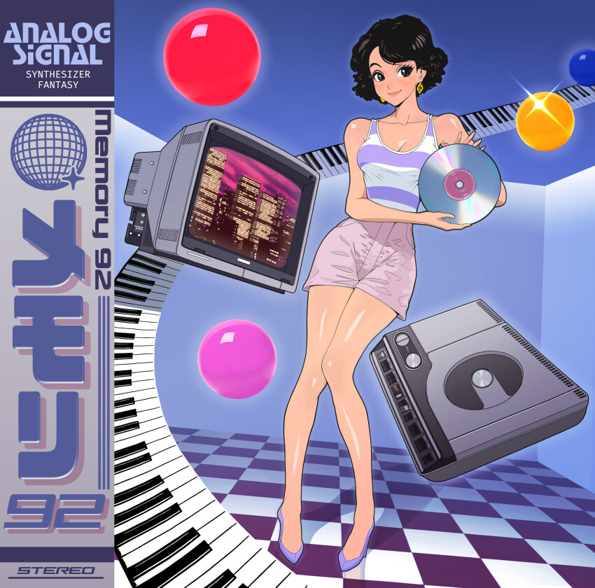 1990s_(style) 1girl absurdres cd cd_player checkered_floor commentary commission earrings english_commentary highres holding_cd jewelry musical_note musical_note_print original piano_keys retro_artstyle solo system_st91 television