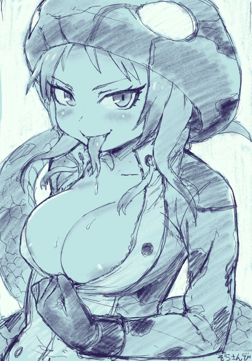 1girl african_rock_python_(kemono_friends) areola_slip blush breasts center_opening cleavage drawstring drooling fangs forked_tongue full-length_zipper gloves greyscale highres hood hood_up hooded_jacket hoodie jacket kemono_friends large_breasts long_hair long_sleeves looking_at_viewer masuyama_ryou monochrome multicolored_hair naughty_face no_bra open_clothes open_mouth partially_unzipped print_hoodie print_jacket seductive_smile smile snake_girl snake_hood snake_print snake_tail tail tongue tongue_out tsurime two-tone_hair undressing unzipping zipper zipper_pull_tab