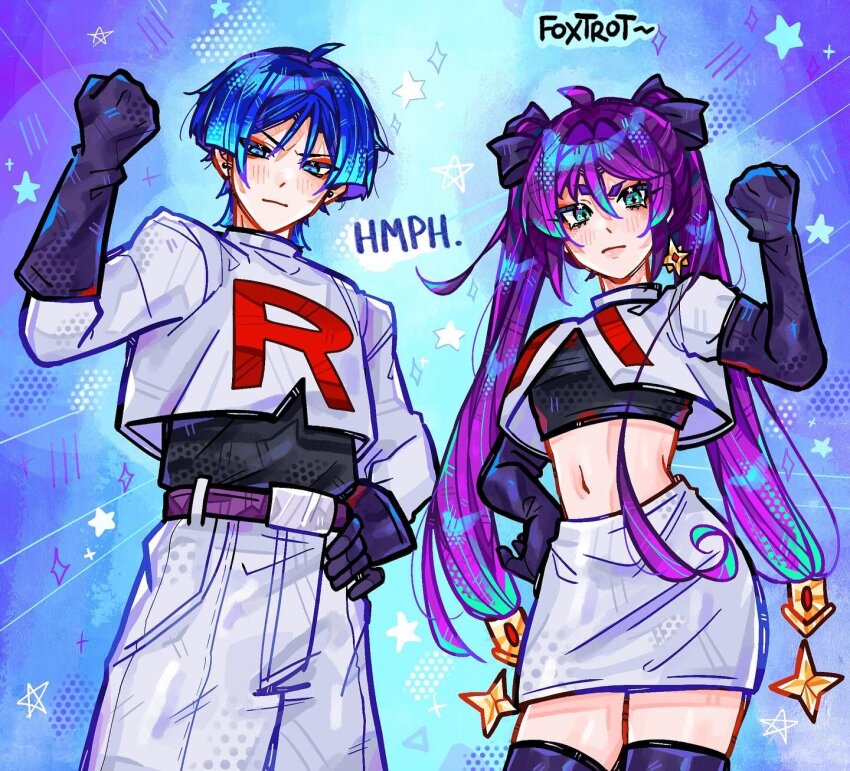 1boy 1girl aqua_eyes belt black_gloves black_shirt blue_background blue_eyes blue_hair clenched_hand cosplay cowboy_shot crop_top elbow_gloves eyeshadow foxtrot_(foxtrot_xx) genshin_impact gloves hair_between_eyes hand_up highres james_(pokemon) james_(pokemon)_(cosplay) jessie_(pokemon) jessie_(pokemon)_(cosplay) looking_at_viewer makeup midriff miniskirt mona_(genshin_impact) navel nintendo no_headwear pants pencil_skirt pokemon pokemon_(anime) purple_belt purple_hair scaramouche_(genshin_impact) shirt short_hair skirt standing stomach twintails white_pants white_shirt white_skirt