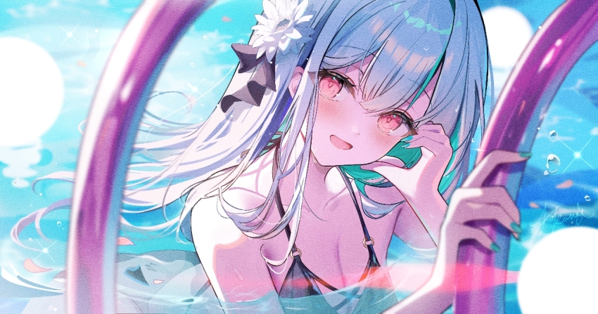 1girl :d aqua_nails bare_shoulders bikini black_bikini breasts cleavage collarbone flower hair_flower hair_ornament kokonex light_blush long_hair medium_breasts nail_polish open_mouth original partially_submerged red_eyes smile solo swimsuit water white_flower white_hair