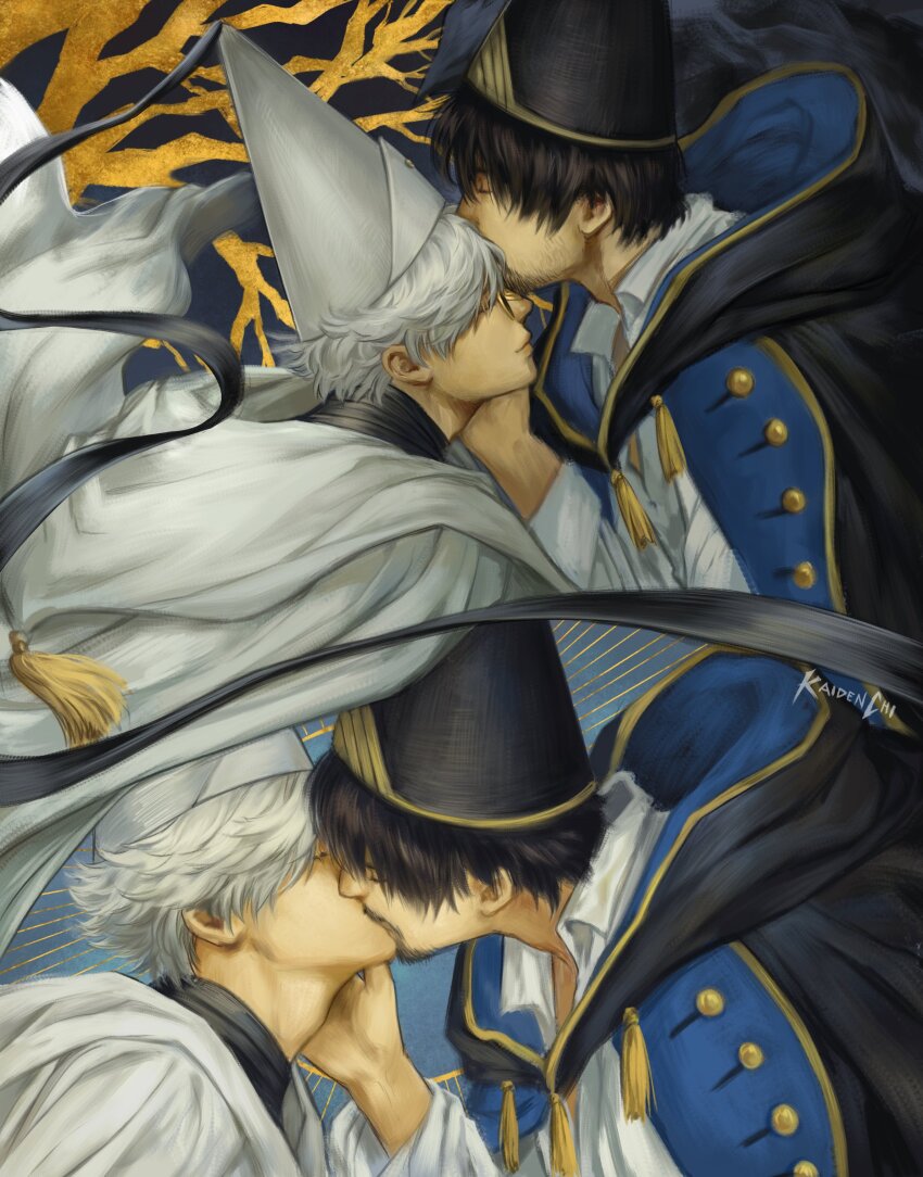2boys absurdres adam&#039;s_apple black_hair black_hat black_shirt closed_eyes commentary couple english_commentary glasses hand_on_another&#039;s_neck hat highres hood hood_down hooded_robe kaidenchii kiss kissing_forehead long_sleeves male_focus multiple_boys multiple_views olruggio_(tongari_boushi_no_atelier) open_collar pince-nez pointy_hat qifrey_(tongari_boushi_no_atelier) robe shirt short_hair sleeve_cuffs tassel tongari_boushi_no_atelier two-sided_robe white_hair white_hat white_robe white_shirt wing_collar yaoi