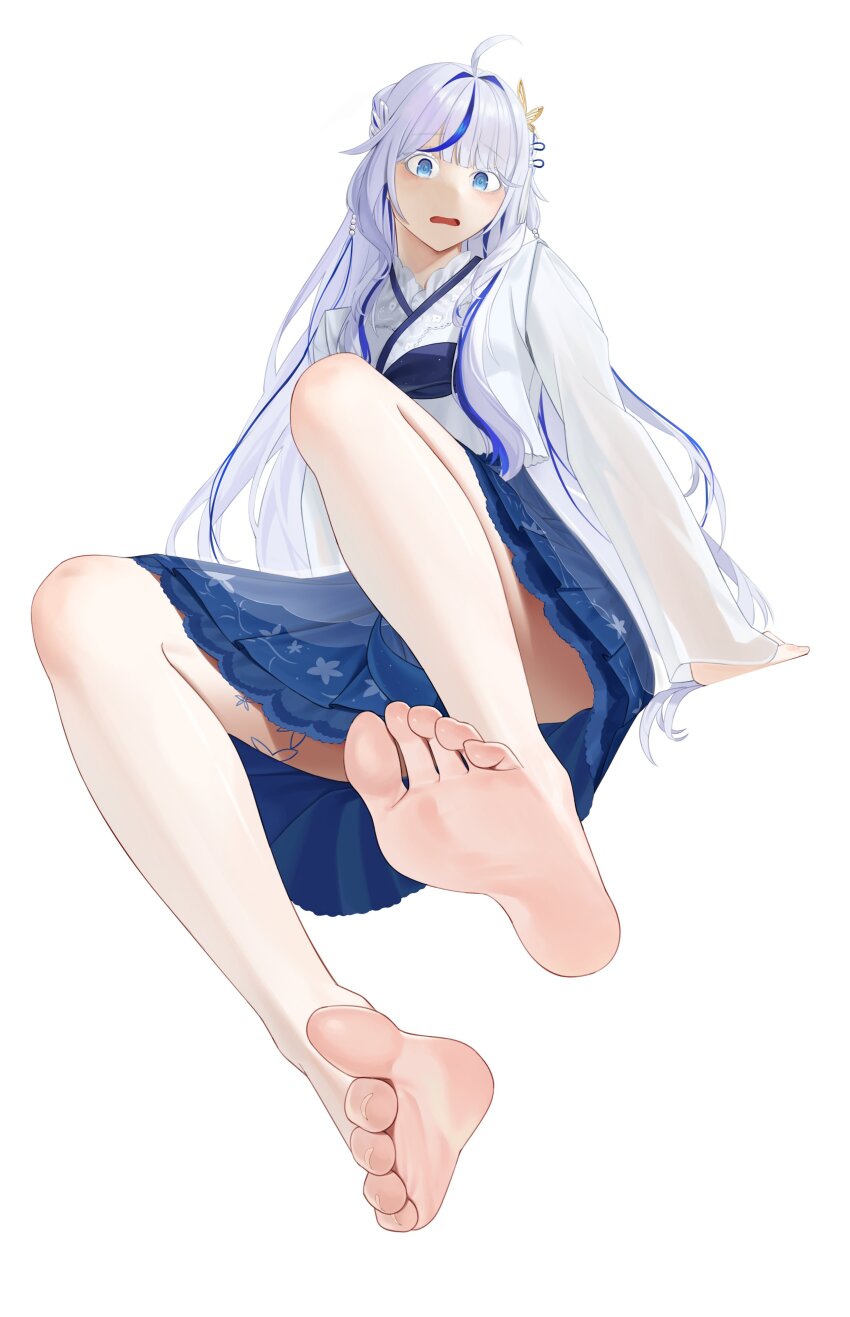 1girl @_@ absurdres aokumo_rin barefoot blue_eyes blue_hair blush dorsiflexion eyelashes feet foot_focus foreshortening frills full_body hair_intakes hair_ornament highres invisible_chair jueun2817 long_hair long_sleeves looking_at_viewer multicolored_hair pleated_skirt purple_hair see-through_clothes see-through_sleeves sidelocks sitting skirt soles solo stellive streaked_hair toenails toes very_long_hair virtual_youtuber