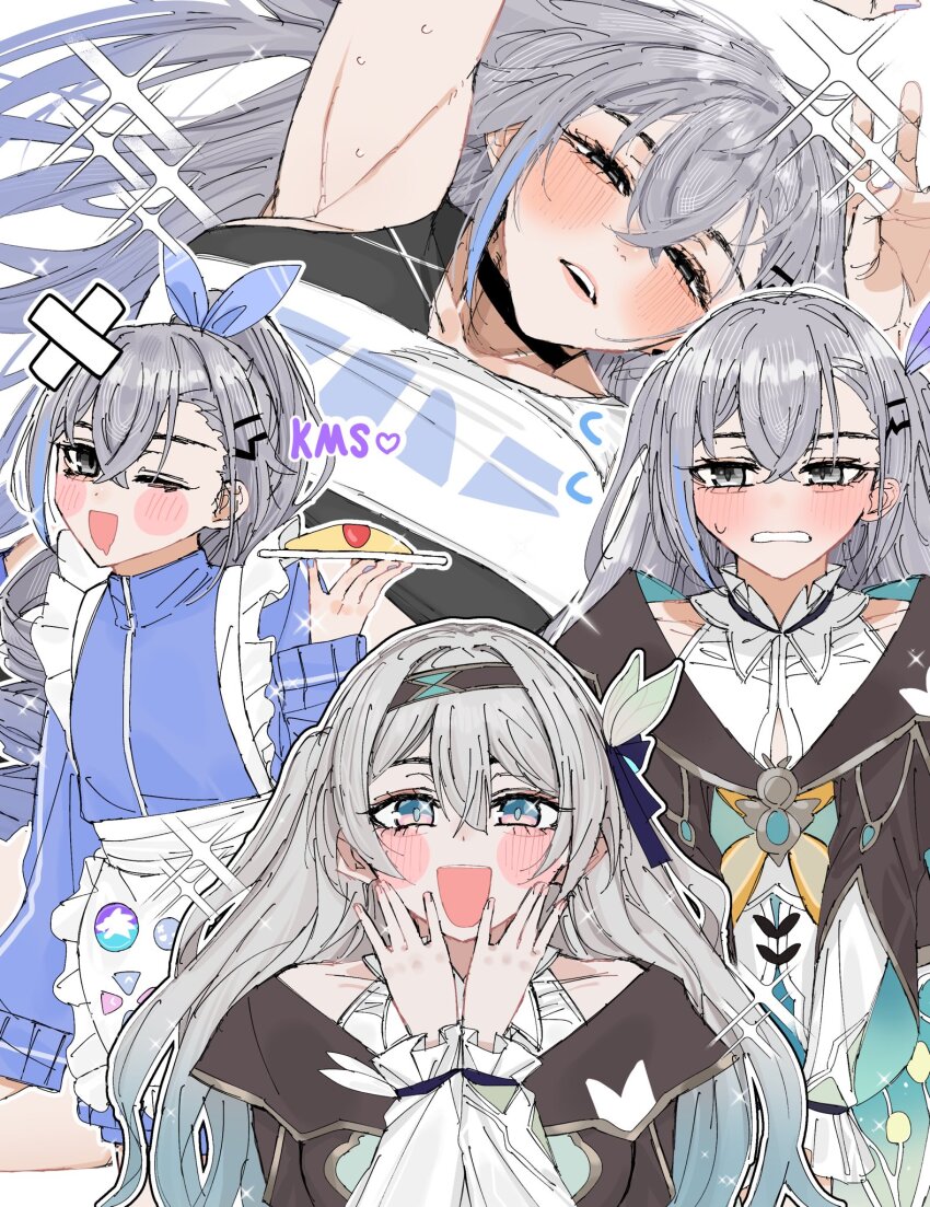 2girls alternate_costume alternate_hairstyle apron armpits blush carrot_011 collar collared_shirt firefly_(honkai:_star_rail) food grey_hair hair_between_eyes hair_intakes hair_ornament hair_ribbon hairband highres holding holding_plate honkai:_star_rail honkai_(series) maid_apron multiple_girls neckerchief omelet omurice open_mouth orange_neckerchief own_hands_together plate ribbon shirt silver_wolf_(honkai:_star_rail) sweatdrop teeth track_suit white_collar
