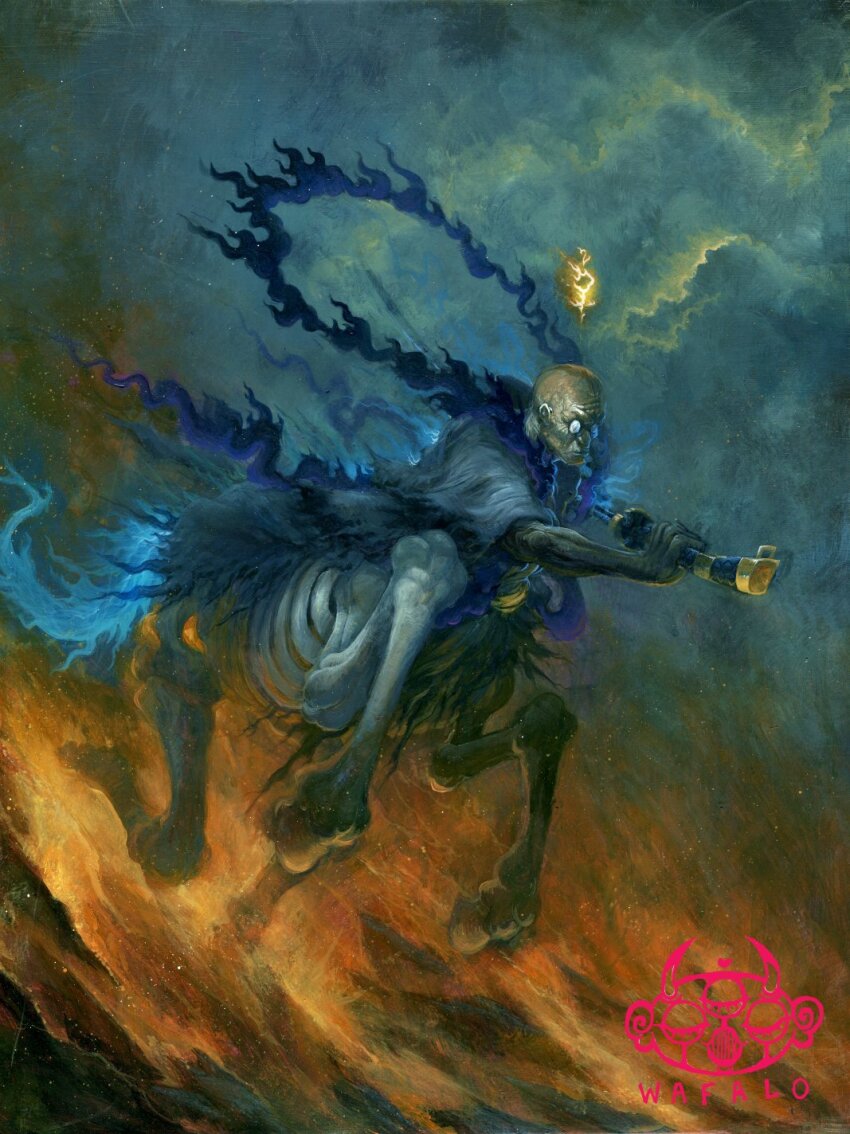 1boy acrylic_paint_(medium) artist_logo bakotsu_(youkai) bald centaur ethan-baron_v._nusjuro full_body glasses hagoromo highres holding holding_sword holding_weapon logo male_focus monster_boy old old_man one_piece painting_(medium) robe running shawl skeleton solo_focus sword taur traditional_media wafalo weapon white_robe wrinkled_skin