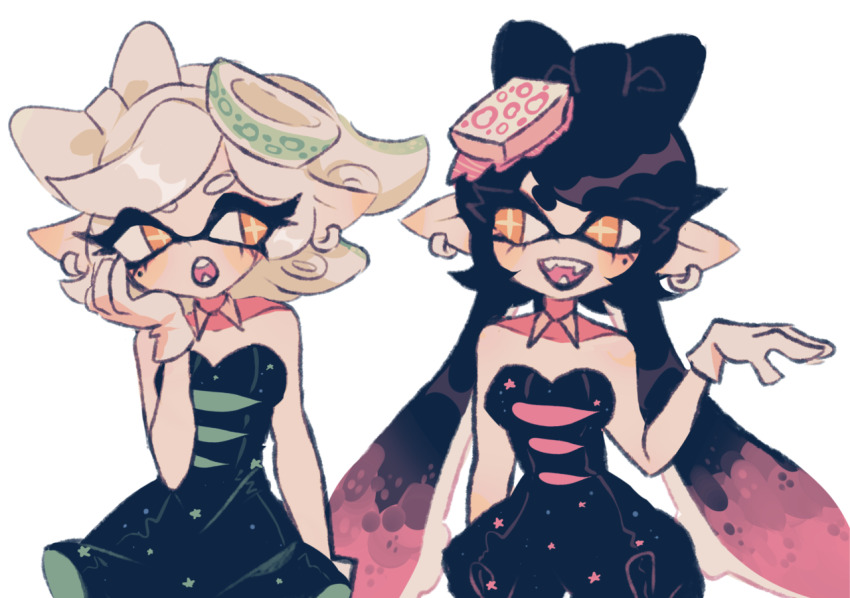 2girls bad_id bad_tumblr_id bare_arms bare_shoulders black_dress black_hair bow-shaped_hair callie_(splatoon) callie_(squid_sisters_outfit)_(splatoon) cephalopod_eyes charamells collar commentary cousins cowboy_shot cup_on_head detached_collar dress earrings english_commentary eye_contact eyelashes fangs food food-themed_hair_ornament gloves gradient_hair hair_ornament hand_on_own_cheek hand_on_own_face hand_up hoop_earrings jewelry light_blush long_hair looking_at_another low_twintails marie_(splatoon) marie_(squid_sisters_outfit)_(splatoon) mole mole_under_eye multicolored_hair multiple_girls nintendo open_mouth orange_eyes pink_hair pointy_ears short_dress short_hair simple_background smile splatoon_(series) star_(symbol) star_print strapless strapless_dress sushi teeth tentacle_hair twintails two-sided_dress two-sided_fabric very_long_hair white_background white_collar white_gloves white_hair yellow_pupils