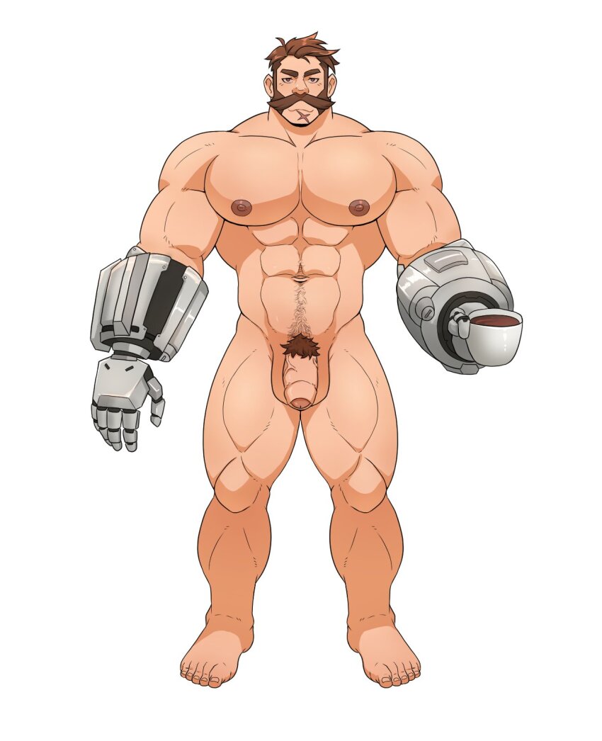 1boy abs bara coffee commission completely_nude cup expressionless facial_hair flaccid foreskin full_body highres ho_tdoug holding holding_cup huge_pectorals looking_at_viewer male_focus mature_male muscular muscular_male mutton_chops navel navel_hair nipples nude overwatch overwatch_2 prosthesis prosthetic_arm solo standing stomach straight-on tachi-e thick_eyebrows thick_thighs thighs tom_beansons tsurime uncensored
