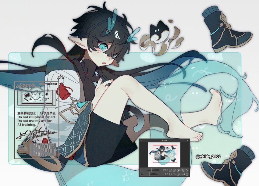 1boy aged_down alternate_costume barefoot bishounen black_cat black_hair black_shorts boots border cat dan_heng_(honkai:_star_rail) dan_heng_(imbibitor_lunae)_(honkai:_star_rail) dragon_boy dragon_horns dragon_tail green_eyes hair_between_eyes honkai:_star_rail honkai_(series) horns male_focus open_mouth pointy_ears shoes short_hair shorts simple_background solo tail thighs unworn_shoes watermark white_background white_border yokuhaku