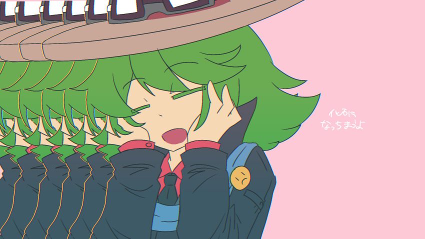 1boy black_jacket black_necktie brown_headwear chinese_commentary closed_eyes collared_shirt colored_eyelashes commentary_request danganronpa_another green_hair hands_on_own_cheeks hands_on_own_face hat highres jacket long_sleeves male_focus medium_hair necktie open_mouth otori_teruya parody_request pink_background priswocaer red_shirt shirt simple_background smile super_danganronpa_another_2 tan translation_request