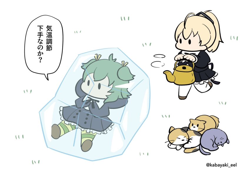 2girls ahoge ando_tazusa antenna_hair arms_behind_head arms_up assault_lily black_ribbon black_skirt blonde_hair brown_footwear buttons cat chibi commentary cropped_jacket frozen grass green_hair green_pantyhose hair_ribbon hands_up high-waist_skirt high_ponytail highres holding holding_teapot ice juliet_sleeves kabayaki_(kabayaki_eel) leg_up long_sleeves looking_ahead looking_at_another lying miniskirt multicolored_pantyhose multiple_girls neck_ribbon no_mouth on_back pantyhose ponytail puffy_sleeves ribbon running school_uniform shoes short_hair skirt solid_oval_eyes speech_bubble striped_clothes striped_pantyhose teapot translated twitter_username two_side_up white_background white_pantyhose yellow_pantyhose yellow_ribbon yoshimura_thi_mai yurigaoka_girls_academy_school_uniform