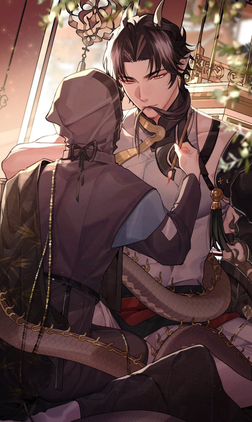 2boys arknights black_hair chongyue_(arknights) doctor doctor_(arknights) earrings genderswap genderswap_(otm) hair_in_own_mouth highres horns jewelry kharu11 light_particles looking_at_another male_focus multiple_boys pointy_ears red_eyes tail yaoi