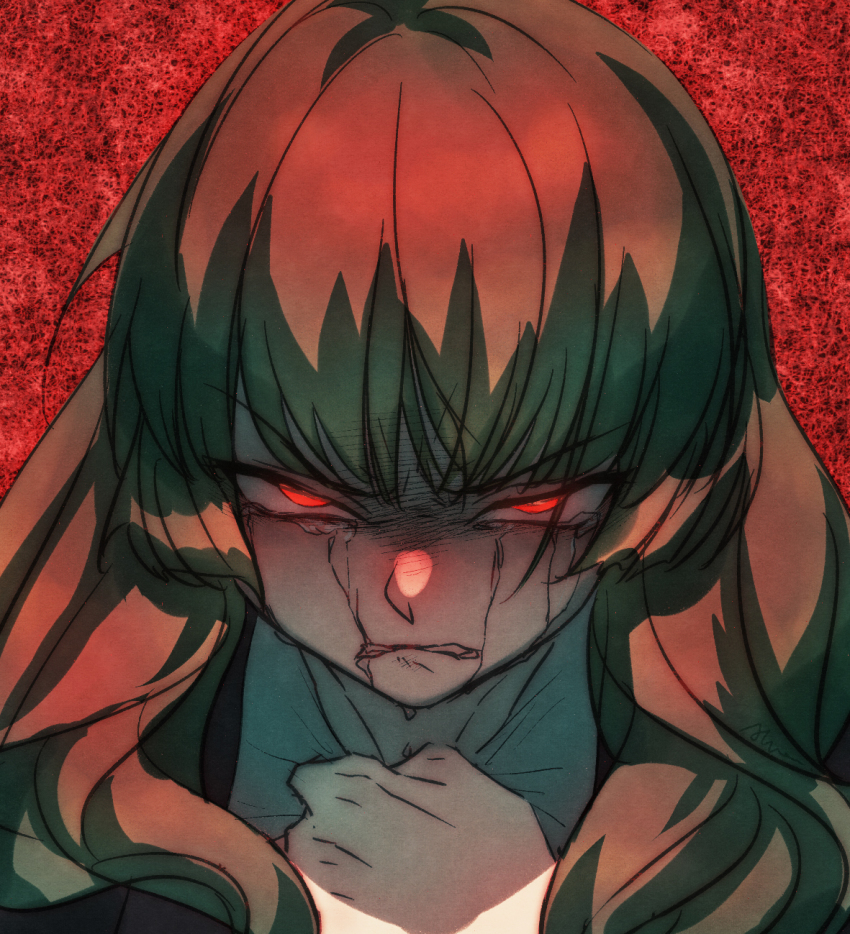 1girl aluce angry bad_id bad_pixiv_id blonde_hair blush clenched_hand clenched_teeth clutching_clothes crying female_focus hands_up highres leviathan_(umineko) long_hair nose_blush red_background red_eyes shirt solo streaming_tears tears teeth umineko_no_naku_koro_ni