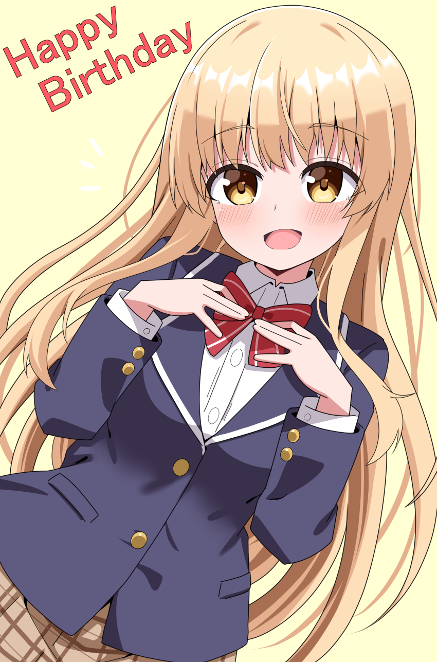 1girl :d absurdres blazer blonde_hair blue_jacket blush bow bowtie brown_skirt buttons collared_shirt commentary_request hands_on_own_chest happy_birthday highres hosinonana jacket long_hair long_sleeves looking_at_viewer open_mouth otonari_no_tenshi-sama_ni_itsu_no_mani_ka_dame_ningen_ni_sarete_ita_ken plaid_clothes plaid_skirt red_bow red_bowtie school_uniform shiina_mahiru_(otonari_no_tenshi-sama) shirt simple_background skirt smile solo upper_body white_shirt yellow_background yellow_eyes