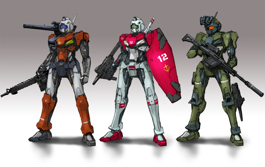 brown_background gm_(mobile_suit) gm_cannon gm_sniper gun gundam gundam_msv highres holding holding_gun holding_shield holding_weapon inata_wataru mecha mobile_suit mobile_suit_gundam no_humans redesign rifle robot scope shadow shield shoulder_cannon sniper_rifle variations visor weapon