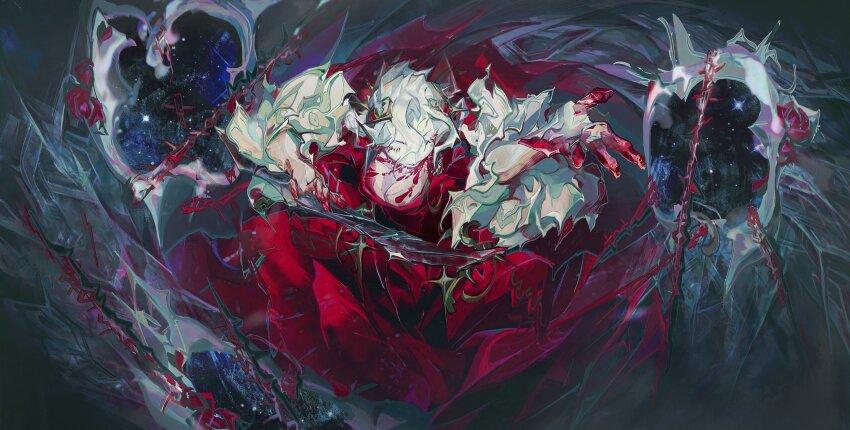 1girl absurdres black_background blood blood_on_hands breasts broken_glass chain cleavage closed_eyes closed_mouth collar dress feet_out_of_frame flower flower_dress gem glass glass_shards hair_between_eyes hair_flower hair_ornament highres holding holding_weapon identity_v jewelry looking_at_viewer mary_(identity_v) mirror off-shoulder_dress off_shoulder pale_skin red_collar red_dress red_flower red_gemstone red_rose ring rose short_hair side_part three-quarter_sleeves solo supportasse tiara weapon white_hair xia_yu