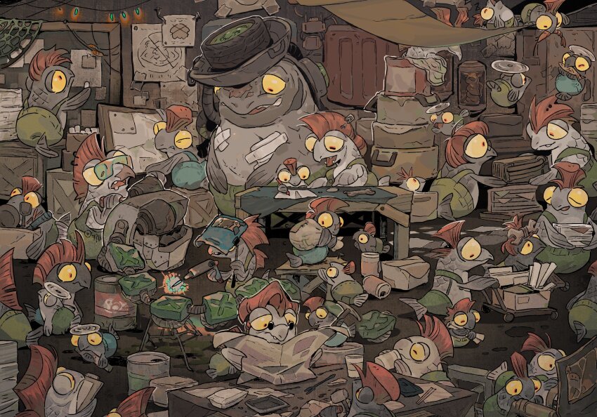 animal animal_focus bags_under_eyes bandages blue_overalls box bulging_eyes bulletin_board chalk chopsticks chum_(splatoon) clipboard closed_mouth clothed_animal cohock_(splatoon) colored_sclera cooking_pot cup disposable_cup drinking drum_(container) eating eye_contact fangs fish fish_(food) fish_stick_(splatoon) flying frying_pan full_body gas_can glasses goggles green-tinted_eyewear green_overalls hair_ornament half-closed_eyes hammer hammock head_back highres holding holding_chalk holding_clipboard holding_cup holding_hammer holding_newspaper holding_pencil holding_pickaxe holding_sack holding_scroll indoors lobster looking_at_another looking_down looking_up mallet metal mohawk nail_(hardware) newspaper nintendo no_humans obscure_chime on_box open_mouth overalls paper paper_clip paper_stack pencil pickaxe pince-nez platform_truck reading red_eyes red_hair repairing sack salmon_run_(splatoon) scrapper_(splatoon) scroll short_hair single_tooth sleeping smallfry_(splatoon) snatcher_(splatoon) spatula splatoon_(series) splatoon_3 standing steel_eel_(splatoon) steelhead_(splatoon) stinger_(splatoon) sunglasses table tape tinted_eyewear tongue welding welding_mask welding_torch wooden_box wrench yellow_sclera zzz