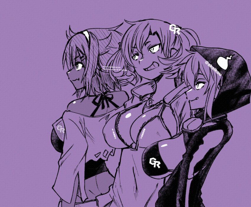 3girls akeikou bare_shoulders black_bra bra breasts camisole cleavage dark-skinned_female dark_skin digimon digimon_story:_cyber_sleuth digimon_world_-next_0rder- digimon_world_re:digitize fang greyscale hood hood_up hoodie in-franchise_crossover large_breasts long_hair monochrome multiple_girls oofuchi_himari open_clothes open_hoodie purple_thighhighs shinomiya_rina shiramine_nokia short_hair skin_fang smirk thighhighs tongue tongue_out twintails underwear upper_body