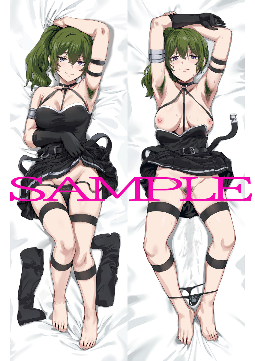 1girl absurdres arm_strap armpit_hair armpits arms_up barefoot black_dress black_gloves black_panties boots breasts censored censored_by_text choker clothes_pull commentary_request dakimakura_(medium) dress dress_pull feet female_pubic_hair full_body gloves green_hair hews highres jitome large_breasts looking_at_viewer lying nipples no_panties o-ring o-ring_choker on_back on_bed panties panties_around_ankles panty_pull pleated_dress presenting_armpit pubic_hair purple_eyes pussy_juice_stain sample_watermark second-party_source side_ponytail single_glove smile sousou_no_frieren suspenders_hanging sweat thigh_strap thighs toes ubel_(sousou_no_frieren) underwear unworn_boots watermark