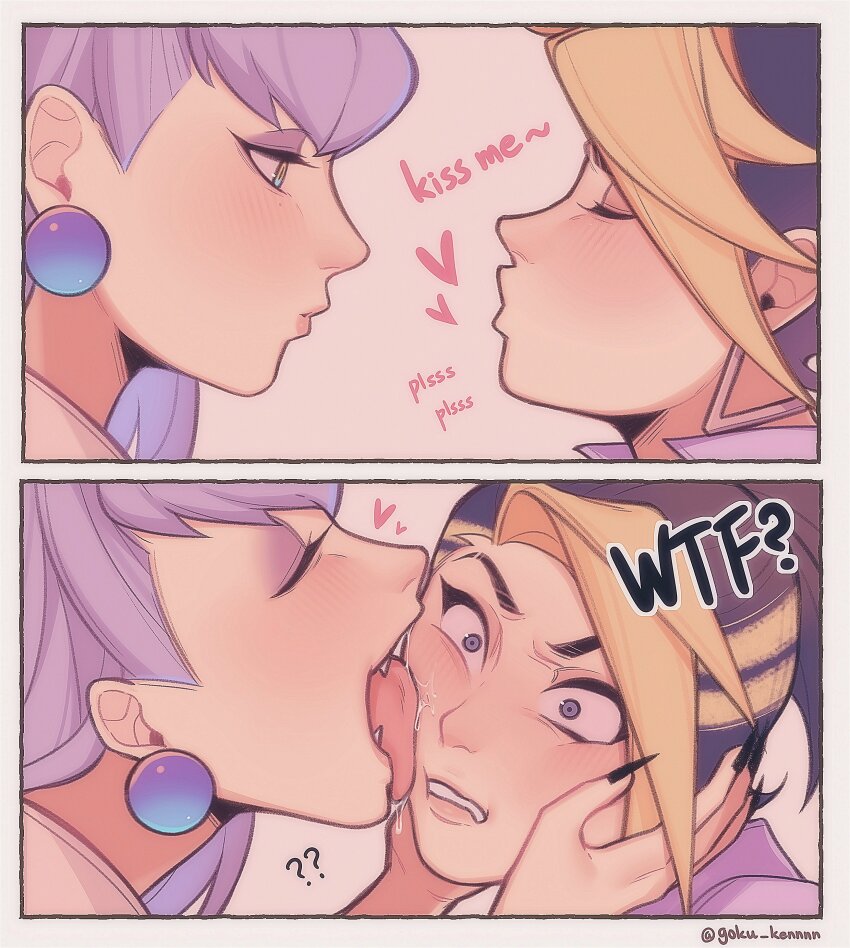 2girls ? ?? absurdres akali blush closed_eyes earrings evelynn_(league_of_legends) fingernails goku_inu_go_kuken heart highres jewelry k/da_(league_of_legends) k/da_akali k/da_all_out_akali k/da_all_out_evelynn league_of_legends long_fingernails makeup multicolored_hair multiple_girls open_mouth parted_lips puckered_lips purple_hair saliva sharp_fingernails the_baddest_akali tongue tongue_out twitter_username yuri