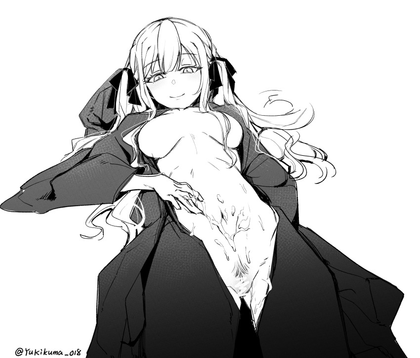 1girl absurdres artist_name bang_dream! bang_dream!_it&#039;s_mygo!!!!! breasts breasts_apart censored chinese_commentary closed_mouth commentary_request cum cum_on_body cum_on_fingers cum_on_stomach female_pubic_hair greyscale hair_over_breasts hair_ribbon hand_on_own_stomach highres hooded_robe large_breasts long_hair long_sidelocks long_sleeves looking_at_viewer lying monochrome naked_robe navel no_nipples oblivionis_(bang_dream!) on_back open_clothes open_robe pubic_hair pussy ribbon robe scribble_censor seductive_smile sidelocks simple_background smile solo stray_pubic_hair togawa_sakiko twitter_username two_side_up white_background yukikuma_(yukikuma_018)
