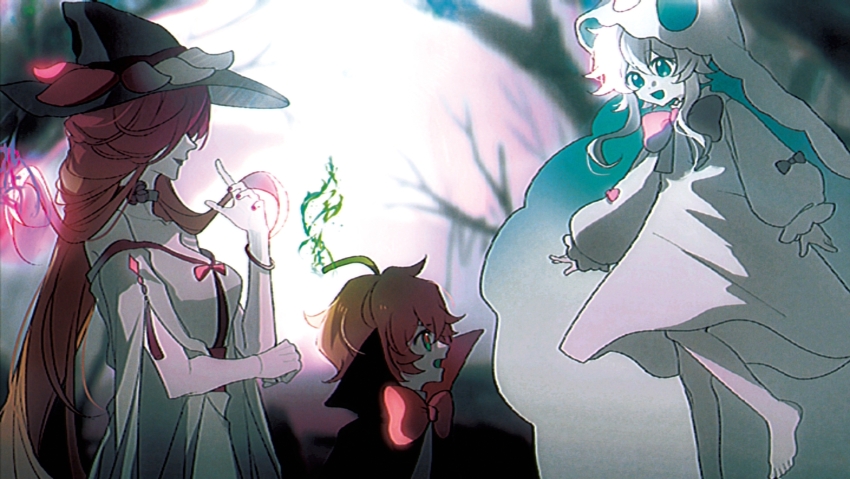 1boy 2girls :d ahoge aliasing arms_at_sides bare_tree barefoot black_bow black_bowtie black_capelet black_hat bow bowtie breasts capelet chinese_commentary choker collared_capelet colored_skin commentary_request covered_eyes double-parted_bangs dress eye_contact face-to-face film_grain food-themed_hair_ornament foot_out_of_frame frilled_sleeves frills ghost_costume ghost_pepper_(plants_vs._zombies) green_eyes grey_choker hair_between_eyes hair_ornament hat highres jack_o&#039;_lantern_(plants_vs._zombies) knees_together_feet_apart large_breasts long_hair long_sleeves looking_at_another multiple_girls nail_polish off-shoulder_dress off_shoulder open_mouth outdoors personification plants_vs._zombies plants_vs._zombies_2 profile puffy_long_sleeves puffy_sleeves red_bow red_bowtie red_hair red_nails shirt short_hair_with_long_locks siiiiiiiiiii sleeve_bow smile traditional_bowtie tree very_long_hair white_dress white_hair white_shirt white_skin witch witch_hat witch_hazel_(plants_vs._zombies)