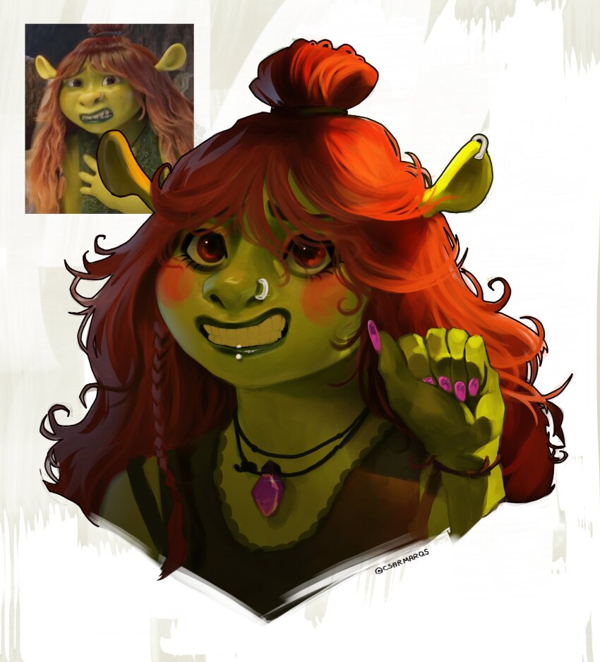 1girl artist_name blush_stickers brown_eyes brown_hair colored_skin csarmarqs felicia_(shrek) green_skin grimace highres jewelry long_hair necklace ogre pink_nails portrait reference_inset shrek_(series) shrek_5 teeth