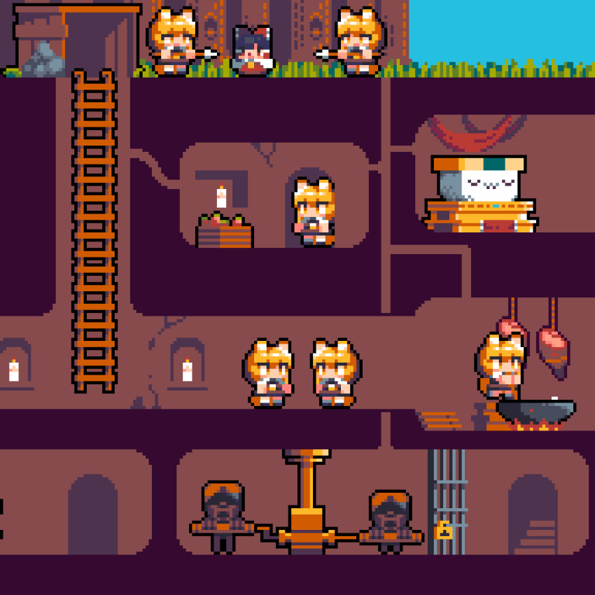 2boys 6+girls :3 animal_ears animated animated_gif antfarm black_hair blonde_hair bow brown_skirt candle chibi clone commentary_request cookie_(touhou) cooking cross-section dark-skinned_male dark_skin food fox_ears fox_girl fox_tail full_body grass hair_bow hakurei_reimu highres holding holding_polearm holding_weapon ladder lock looping_animation manatsu_no_yo_no_inmu meat mini_person minigirl miramikaru_riran multiple_boys multiple_girls omelet open_mouth padlock polearm red_bow rock sakenomi_(cookie) short_hair skirt spear sunglasses tail takuya_(acceed) tamagoyaki tonchamon_san touhou triangle_mouth tunnel underground walking weapon wok