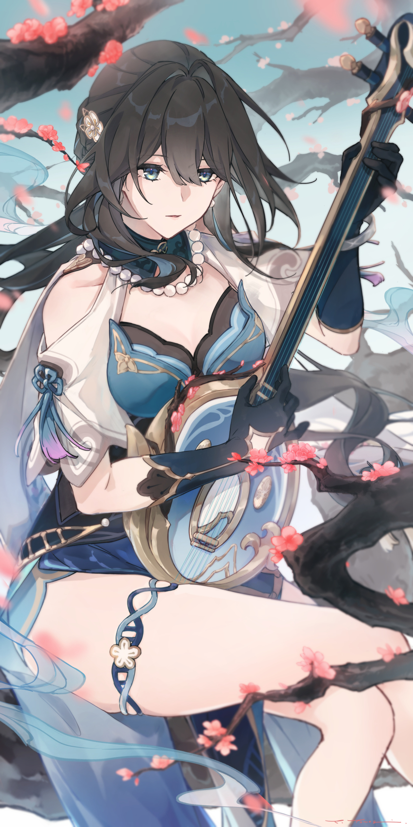 1girl absurdres aqua_collar aqua_dress bead_necklace beads black_gloves branch breasts brown_hair cherry_blossoms cleavage clothing_cutout collarbone commentary_request cowboy_shot crossed_legs detached_collar dna dress flower gloves hair_flower hair_intakes hair_ornament highres honkai:_star_rail honkai_(series) instrument jewelry long_hair making-of_available medium_breasts multicolored_hair music necklace playing_instrument ruan ruan_mei_(honkai:_star_rail) shoulder_cutout sitting solo streaked_hair thigh_strap very_long_hair yama_ta_yomogi