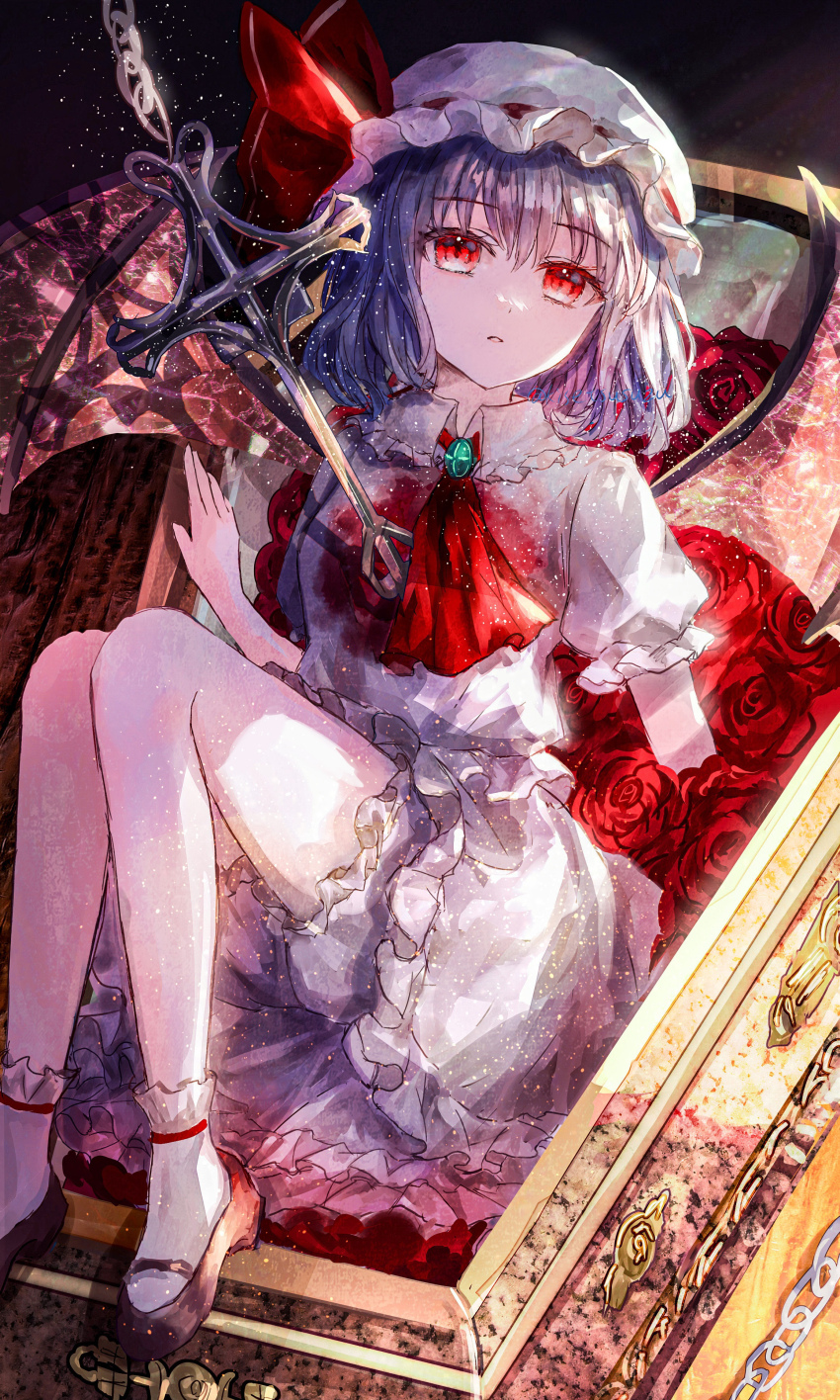 1girl absurdres ascot bat_wings blood blue_hair brooch coffin collared_shirt cross flower frilled_shirt frilled_shirt_collar frilled_skirt frills full_body hashtag-only_commentary hat hat_ribbon highres jewelry knees_up latin_cross mary_janes mob_cap pink_hat pink_shirt pink_skirt puffy_short_sleeves puffy_sleeves red_ascot red_eyes red_ribbon remilia_day remilia_scarlet ribbon rose shirt shoes short_hair short_sleeves sitting skirt skirt_set solo suzushina touhou wings