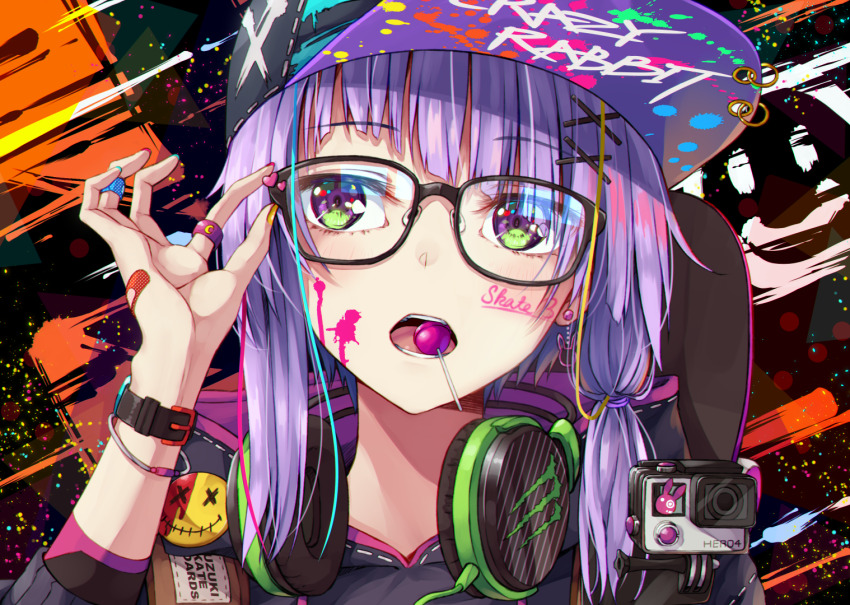 1girl action_camera adjusting_eyewear alternate_costume bandaid bandaid_on_hand baseball_cap black_hoodie candy color_streak commentary_request earrings english_text flask_(pandora) floating_earrings food glasses green_eyes hair_ornament hairclip hand_up hat headphones headphones_around_neck hood hood_down hoodie jewelry light_blush lollipop looking_at_viewer monster_energy mouth_hold multicolored_eyes multicolored_nails open_mouth paint_splatter paint_splatter_on_face pink_hoodie portrait purple_eyes rabbit_earrings short_hair sidelocks skateboard skateboard_behind_back smiley_face solo splatter_background two-tone_hoodie video_camera vocaloid voiceroid watch wristwatch yuzuki_yukari