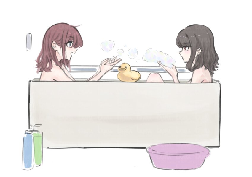 2girls blue_eyes brown_hair commentary_request ebizuka_tomo foam girls_band_cry grey_hair heart highres iseri_nina korean_commentary medium_hair mixed-language_commentary multiple_girls open_mouth partial_commentary red_eyes rubber_duck same-sex_bathing shared_bathing simple_background steam teeth tomare_(akashingou) upper_teeth_only white_background yuri