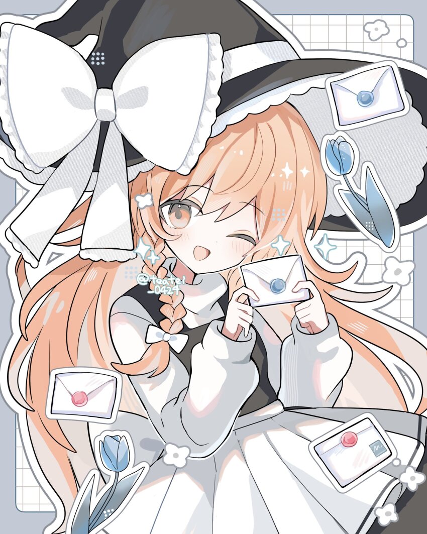 1girl apron back_bow black_headwear black_skirt black_vest blonde_hair blue_border blue_flower blue_tulip border bow braid commentary_request envelope flower frilled_bow frilled_hat frills grid_background hair_bow hat hat_bow highres holding holding_envelope kirisame_marisa letter light_blush long_hair long_sleeves love_letter one_eye_closed open_mouth orange_eyes outline shirocha_tei shirt simple_background single_braid skirt skirt_set smile sparkle touhou tulip turtleneck very_long_hair vest waist_apron white_apron white_background white_bow white_flower white_outline white_shirt white_sleeves witch_hat