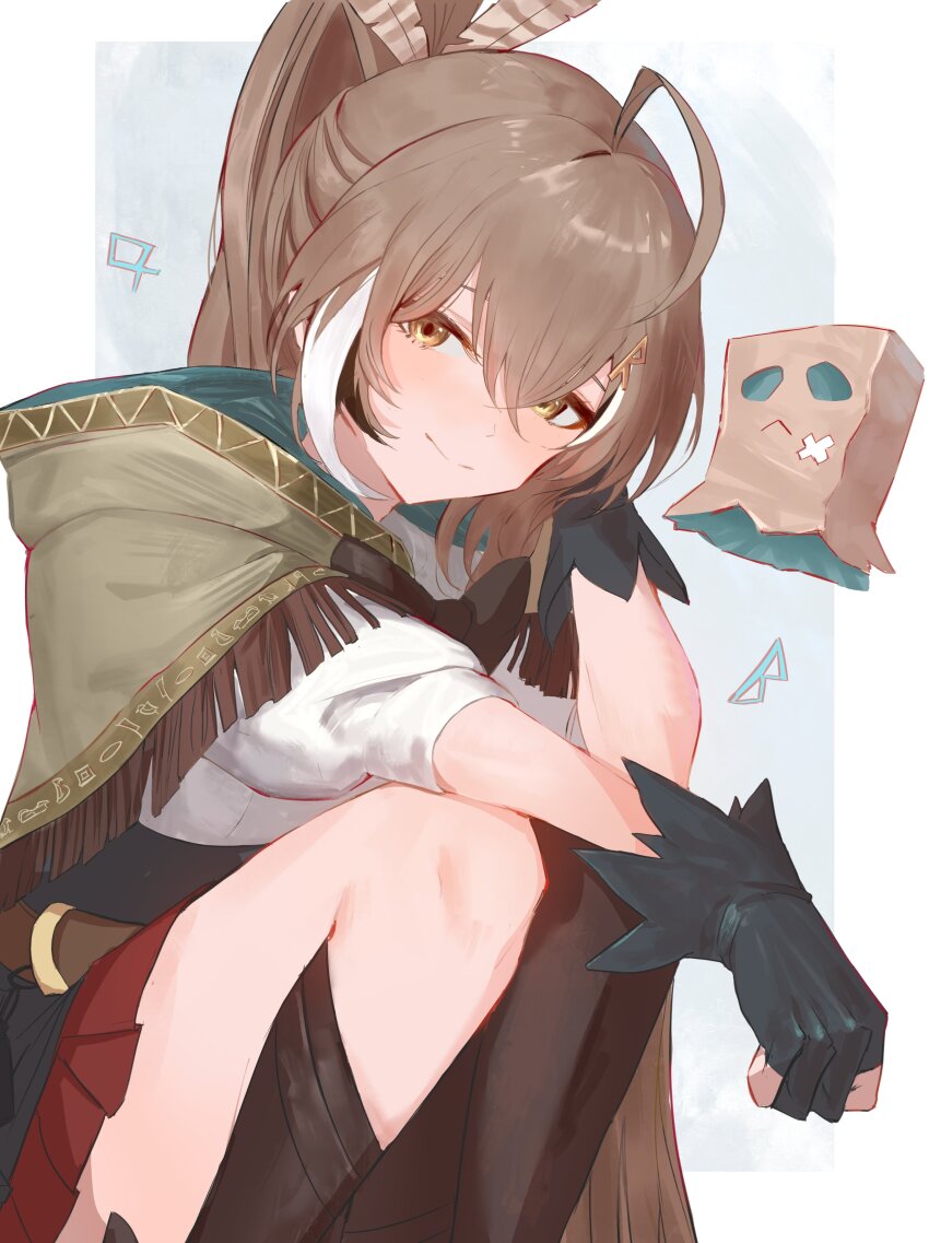 1girl absurdres ahoge arm_behind_head belt brown_capelet brown_cloak brown_eyes brown_hair capelet cloak feather_hair_ornament feathers friend_(nanashi_mumei) gloves hair_ornament hairclip head_rest hieroglyphics highres hololive hololive_english hood hooded_cloak kneehighs long_hair looking_at_viewer multicolored_hair nanashi_mumei nanashi_mumei_(1st_costume) partially_fingerless_gloves pleated_skirt ponytail red_skirt ribbon rokosannn runes single_kneehigh single_sock single_thighhigh skirt smile socks streaked_hair thighhighs very_long_hair virtual_youtuber