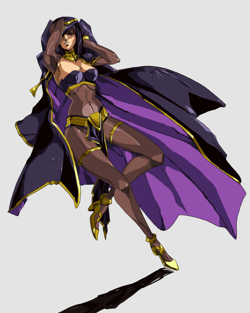 1980s_(style) 1girl arms_behind_head black_cape black_eyes black_hair bodystocking breasts cape cleavage commentary commission covered_navel english_commentary fire_emblem fire_emblem_awakening gold_footwear high_heels highres hinomars19 leaning_back medium_breasts nintendo oldschool one_eye_covered parted_lips pelvic_curtain retro_artstyle smile solo tharja_(fire_emblem) thigh_strap