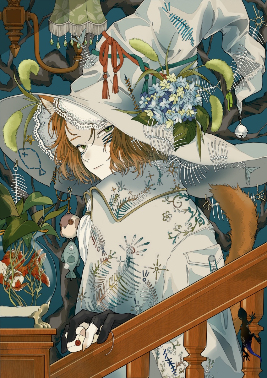 1girl absurdres animal black_gloves blue_eyeshadow blue_flower branch closed_mouth coat eyelashes eyeshadow facial_tattoo fish fish_skeleton fishbowl flower gecko gloves goldfish hat hat_flower hat_ornament highres looking_at_viewer maguru_white makeup medium_hair orange_hair original reeds skeleton solo stairs tassel tattoo upper_body white_coat white_flower white_hat witch witch_hat