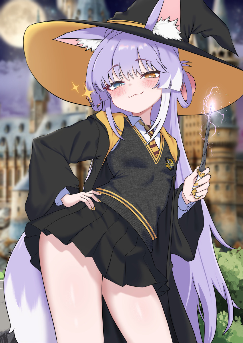 1girl :3 animal_ear_fluff animal_ears black_skirt blue_eyes blush fox_ears fox_girl fox_tail hair_ornament hair_rings hat heterochromia highres hogwarts_school_uniform hufflepuff looking_at_viewer multicolored_hair necktie oldsickkim pleated_skirt pom_pom_(clothes) pom_pom_hair_ornament purple_hair purple_tail school_uniform skirt stellive streaked_hair tail tenko_shibuki two-tone_tail virtual_youtuber wand white_hair witch_hat yellow_eyes yellow_necktie