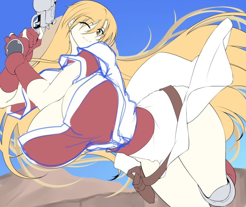 1girl blonde_hair breasts grenadier_(manga) gun huge_breasts long_hair solo tendou_rushuna weapon