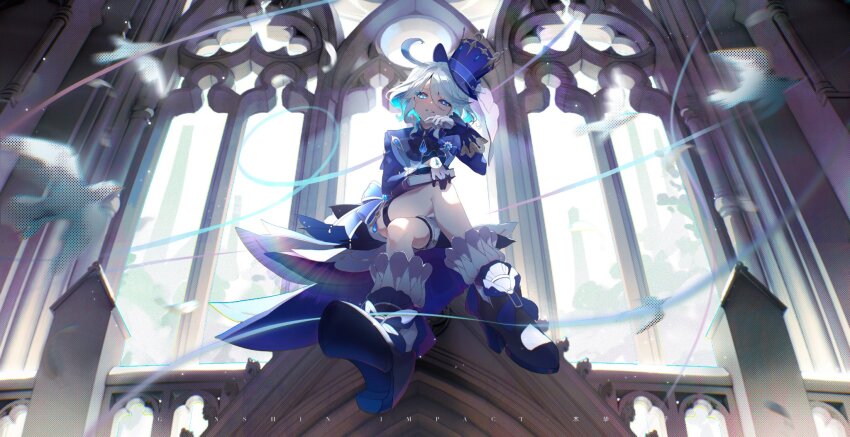 1girl asymmetrical_gloves crossed_legs from_below furina_(genshin_impact) genshin_impact gloves hat heterochromia highres mini_hat mismatched_gloves sitting snowflake_(diodarja) thigh_strap white_hair