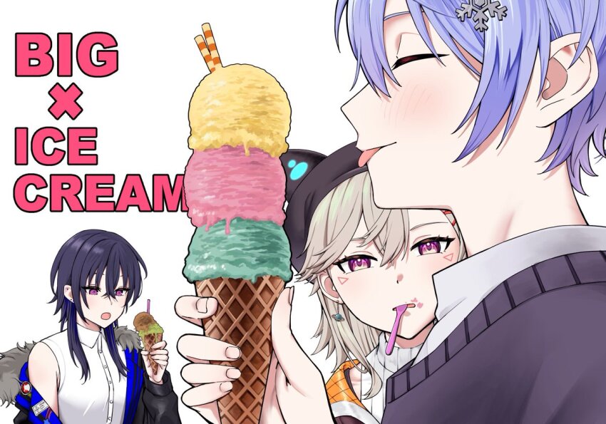 1boy 2girls animal_hat beret black_hair black_hat blonde_hair blush cat_hat closed_eyes crossed_bangs earrings facial_mark food food_on_face fur-trimmed_jacket fur_trim hair_between_eyes hat holding holding_food holding_ice_cream ice_cream ice_cream_cone ichinose_uruha ichinose_uruha_(4th_costume) jacket jewelry komori_met komori_met_(5th_costume) multiple_girls neo-porte open_mouth pink_eyes purple_eyes purple_hair shirayuki_reid shirt simple_background single_off_shoulder sleeveless sleeveless_shirt sweater tongue tongue_out utensil_in_mouth uwanosora000 virtual_youtuber vspo! white_background white_shirt