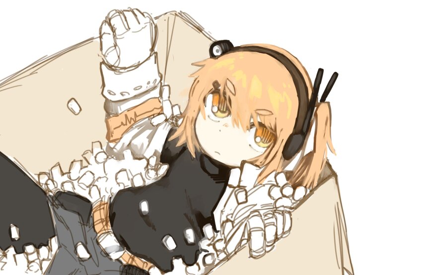 1girl a.i._voice adachi_rei arm_support belt black_leggings black_shirt box cardboard_box dot_nose from_above gloves grey_skirt hair_ornament hair_ribbon hairclip hands_up headlamp headset highres in_box in_container knee_up leggings light_frown long_sleeves looking_at_viewer looking_up lying on_back one_side_up orange_eyes orange_hair packing_peanuts radio_antenna ribbon serious shirt sketch skirt solo subaru_namisaki thick_eyebrows turtleneck utau utility_belt v-shaped_eyebrows white_background white_gloves white_ribbon