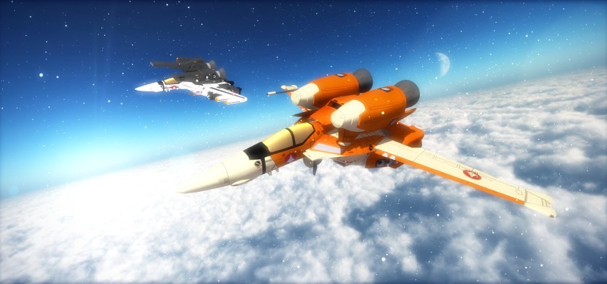 1980s_(style) 3d aircraft airplane bad_id bad_pixiv_id cannon cloud energy_gun flying gunpod highres jet jolly_roger macross macross:_do_you_remember_love? mecha mikotosiara0 missile moon no_humans oldschool radiation_symbol realistic retro_artstyle robot science_fiction spacecraft star_(sky) u.n._spacy vehicle_focus vf-1 vf-1_strike vt-1_super weapon