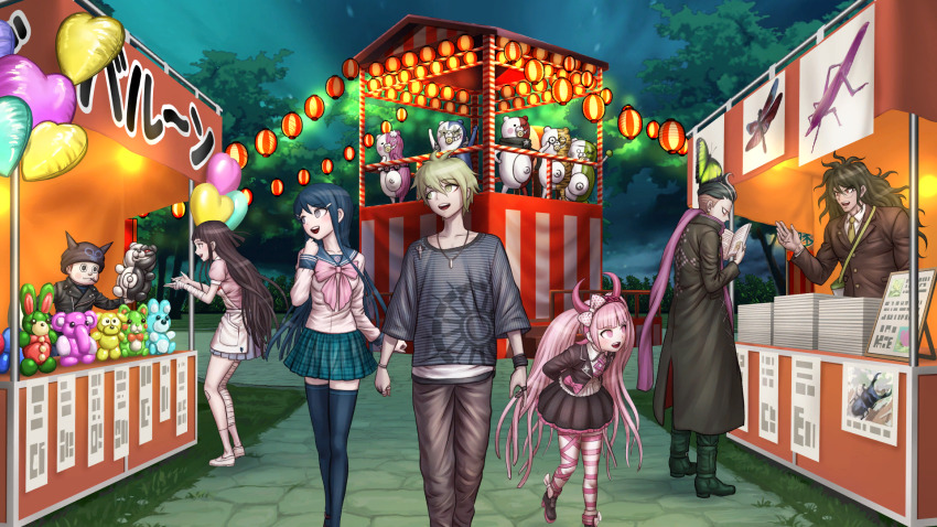 3girls 4boys amami_rantaro apron balloon balloon_animal bandaged_arm bandaged_leg bandages bandaid bandaid_on_knee bandaid_on_leg beetle black_hair black_hat black_jacket black_skirt blazer blue_eyes blue_hair blue_sailor_collar blue_shirt blue_skirt blue_thighhighs blunt_bangs blush_stickers book bow bowtie brown_hair brown_pants bug collared_jacket danganronpa:_trigger_happy_havoc danganronpa_(series) danganronpa_2:_goodbye_despair danganronpa_another_episode:_ultra_despair_girls danganronpa_s:_ultimate_summer_camp danganronpa_v3:_killing_harmony denim dragonfly fake_horns frilled_shirt frills glasses gokuhara_gonta grass green_eyes green_footwear green_hair green_necktie green_skirt hairband hat heart_balloon high_heels highres holding holding_book horn_bow horn_ornament horns hoshi_ryoma insect bug_cage jacket jeans jewelry lantern long_hair maizono_sayaka miniskirt monodam monokid monokuma monophanie monosuke monotaro_(danganronpa) multiple_boys multiple_girls necklace necktie night night_sky official_art open_mouth pants paper_lantern pink_bow pink_bowtie pink_eyes pink_hair pink_shirt plaid_clothes plaid_skirt polka_dot polka_dot_bow purple_scarf red_eyes round_eyewear sailor_collar scarf school_uniform serafuku shirt shoes short_hair skirt sky smile striped_clothes striped_shirt tanaka_gundham teeth thighhighs third-party_source tree tsumiki_mikan twintails undercut upper_teeth_only utsugi_kotoko very_long_hair white_apron white_bow white_footwear