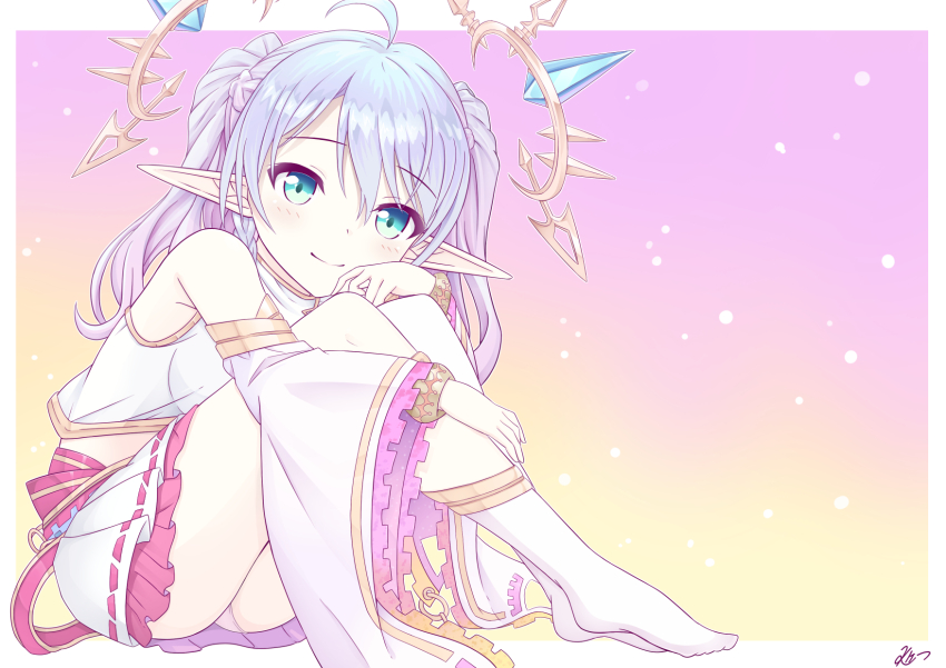 1girl ahoge armpits bare_shoulders fricka_(iris_mysteria!) frilled_skirt frills green_eyes halo highres hugging_own_legs iris_mysteria! k_(nura-rikuo) looking_at_viewer pointy_ears purple_hair sitting skirt socks twintails wide_sleeves