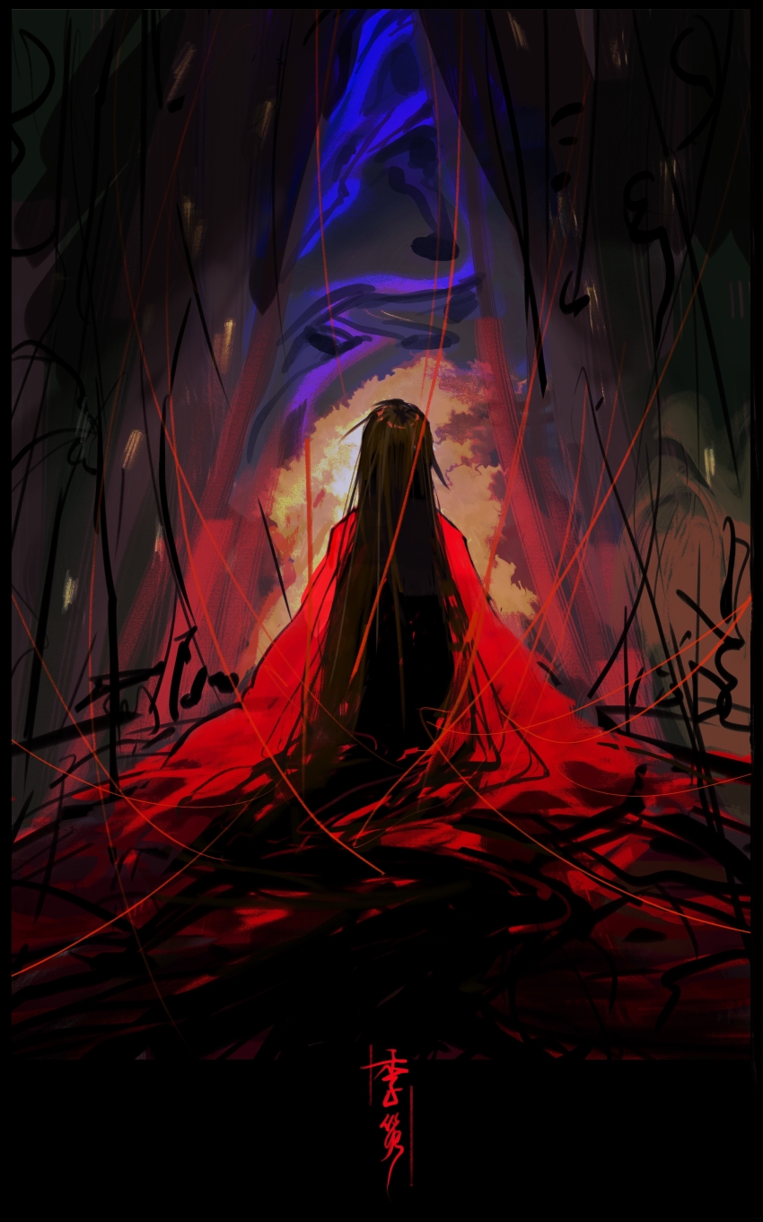 1boy absurdly_long_hair absurdres black_hair character_name chinese_clothes chinese_commentary chinese_text coat dao_gui_yi_xian dark facing_away fajiaoshao from_behind hanfu highres ji_zai li_huowang long_hair male_focus official_alternate_hair_length official_alternate_hairstyle red_coat red_theme robe sitting sketch smoke solo string string_of_fate very_long_hair